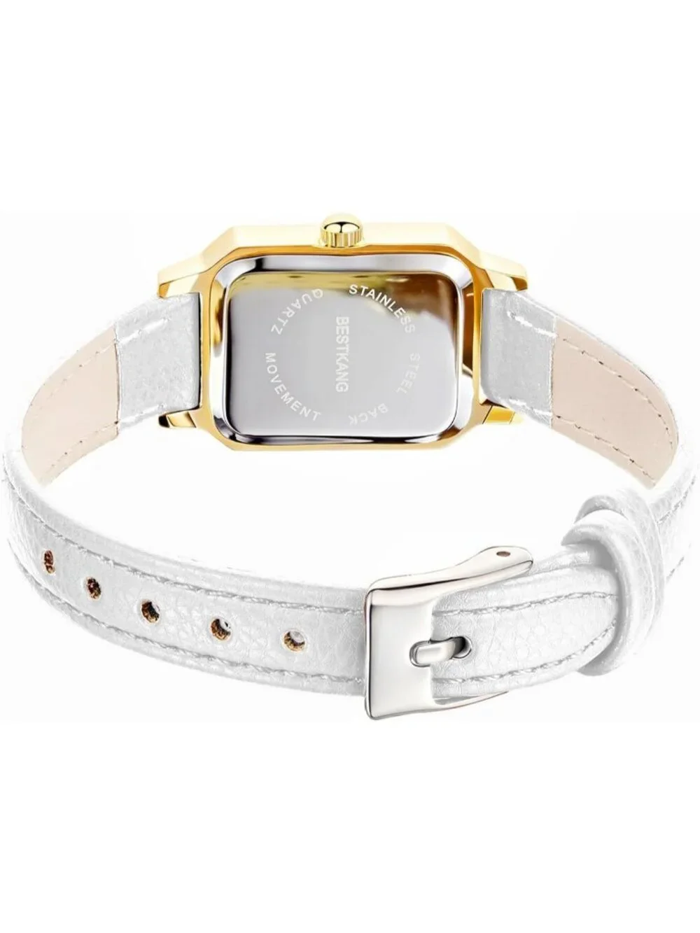Women's White Gold Leather Strap Elegant Dainty Vintage Rectangle Wrist Watch